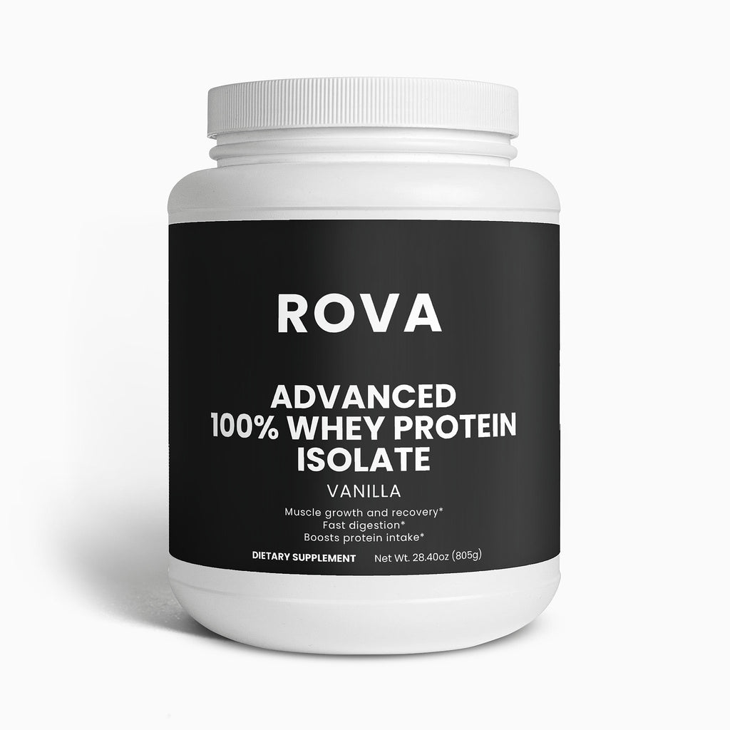 Advanced 100% Whey Protein Isolate (Vanilla) — front of container on white background, dietary supplement label visible