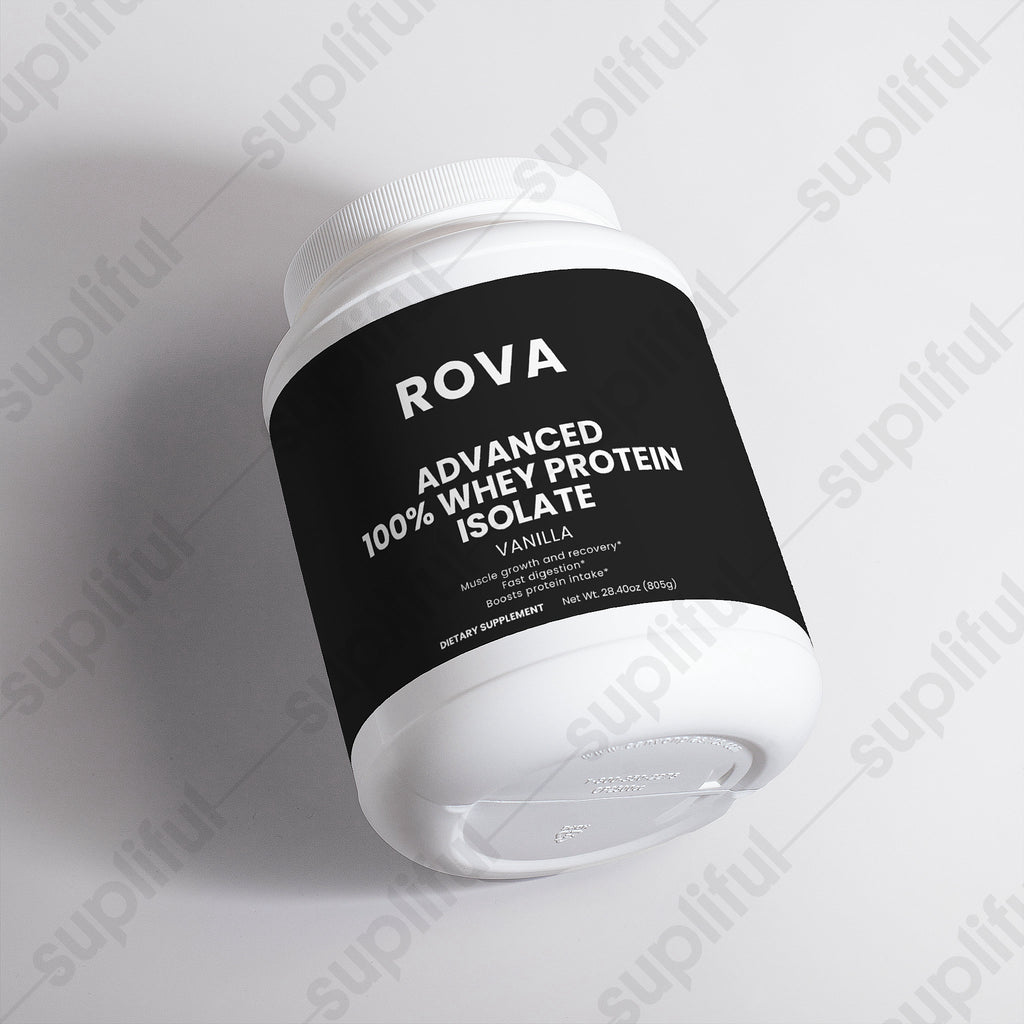 Advanced 100% Whey Protein Isolate (Vanilla) — angled product shot showing label detail and brand mark