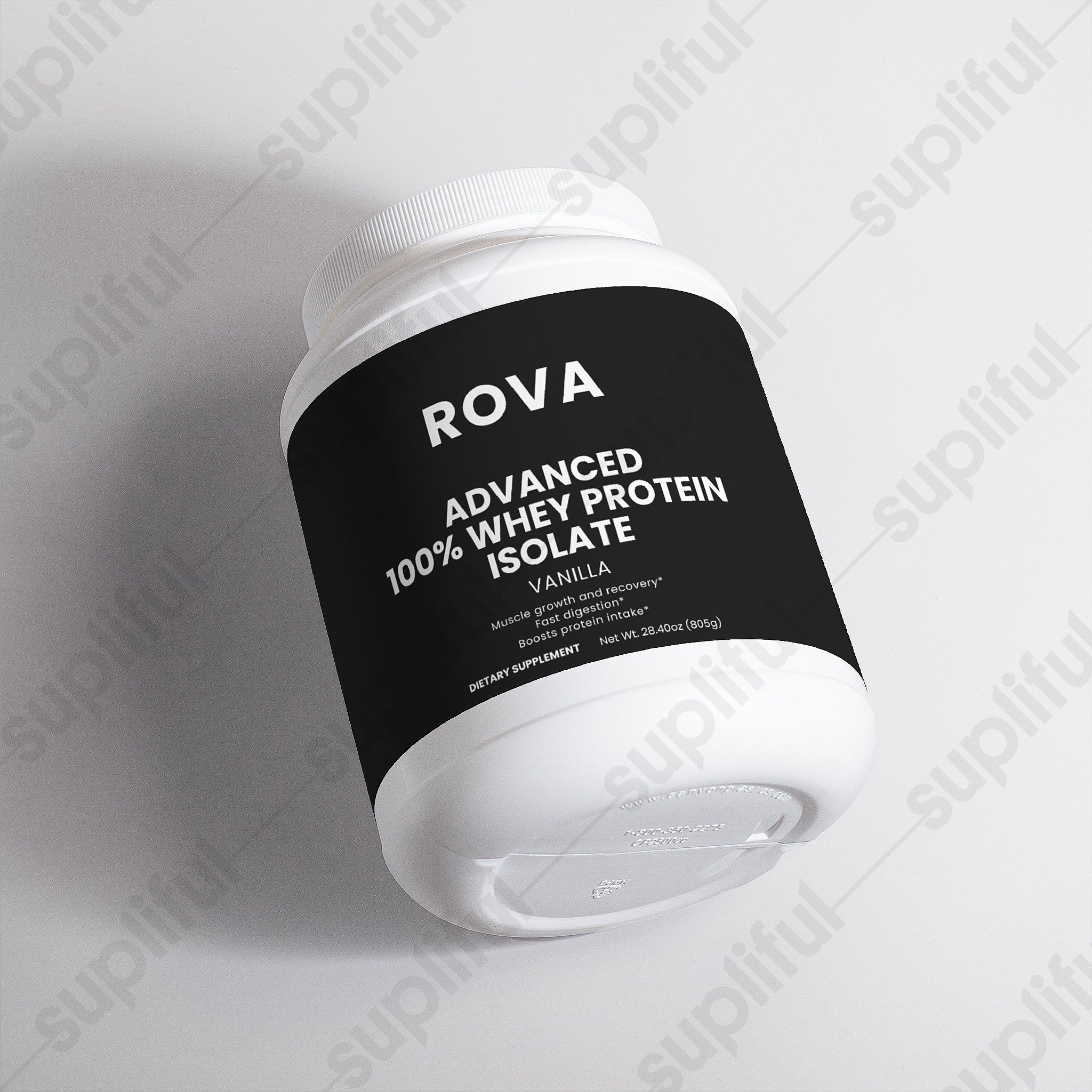 Advanced 100% Whey Protein Isolate (Vanilla) — angled product shot showing label detail and brand mark