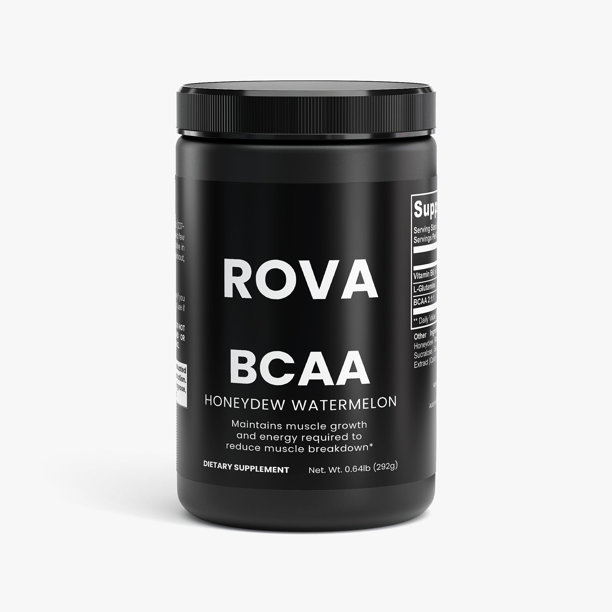 ROVA BCAA Post-Workout Powder in honeydew-watermelon flavor with scoop, displayed on clean white background