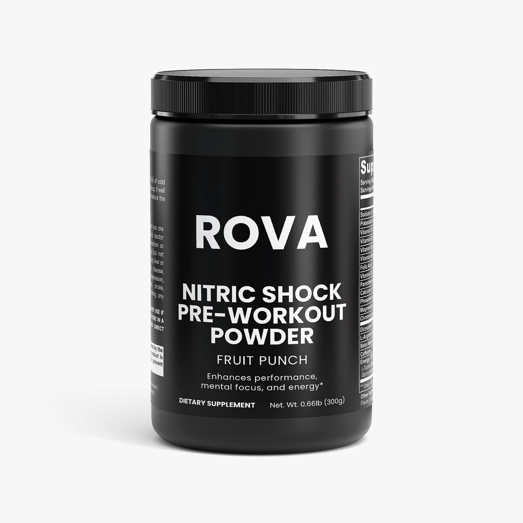 Nitric Shock Pre-Workout Powder in Fruit Punch flavor, showing ingredient label and scoop on white background