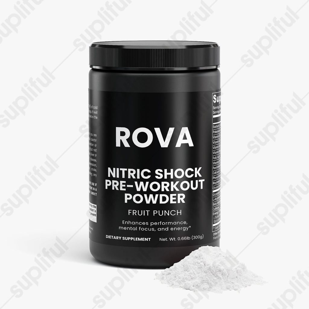 Nitric Shock Pre-Workout Powder (Fruit Punch) — angled product shot showing label detail and brand mark