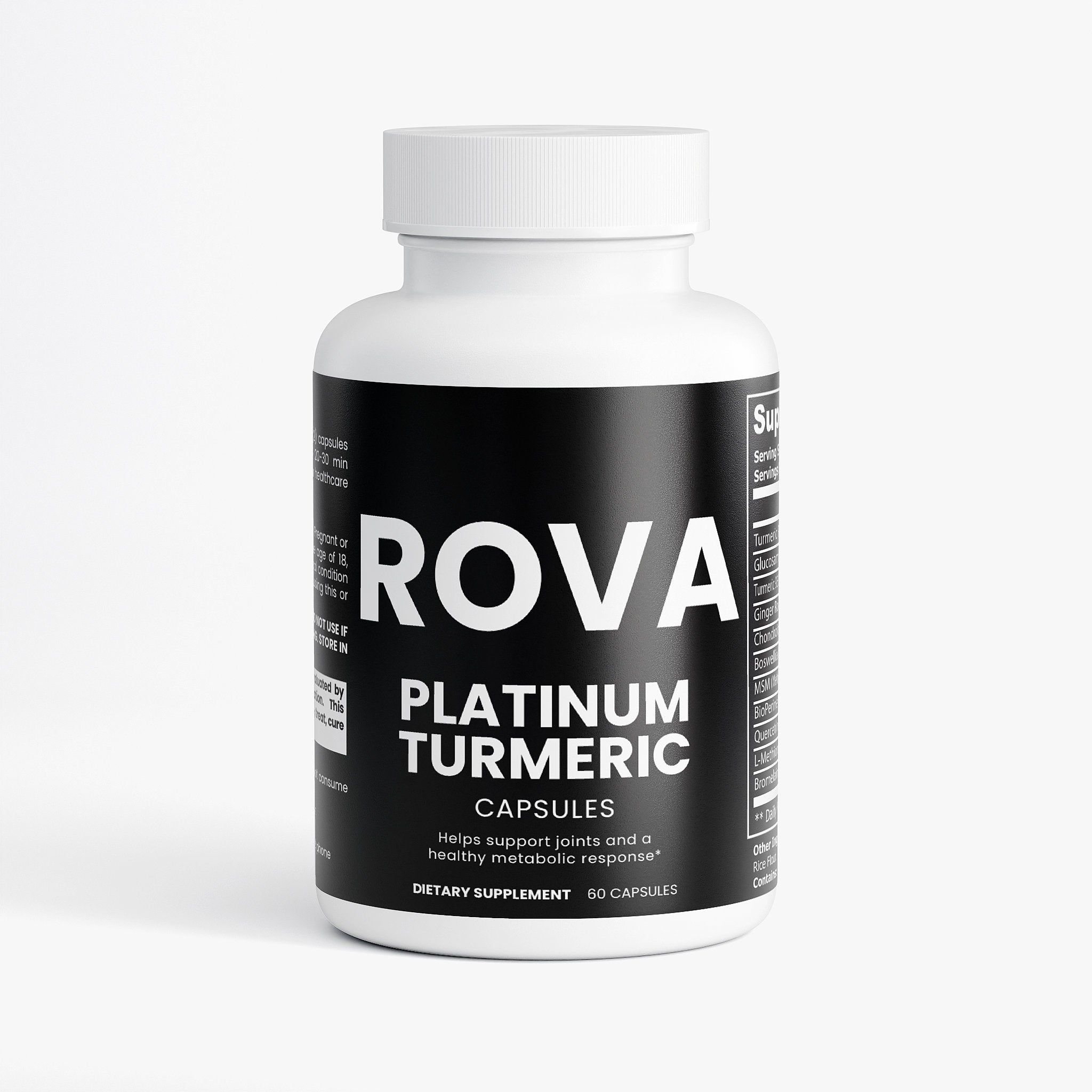Platinum Turmeric capsule bottle on dark background with turmeric root, emphasizing joint recovery support formula