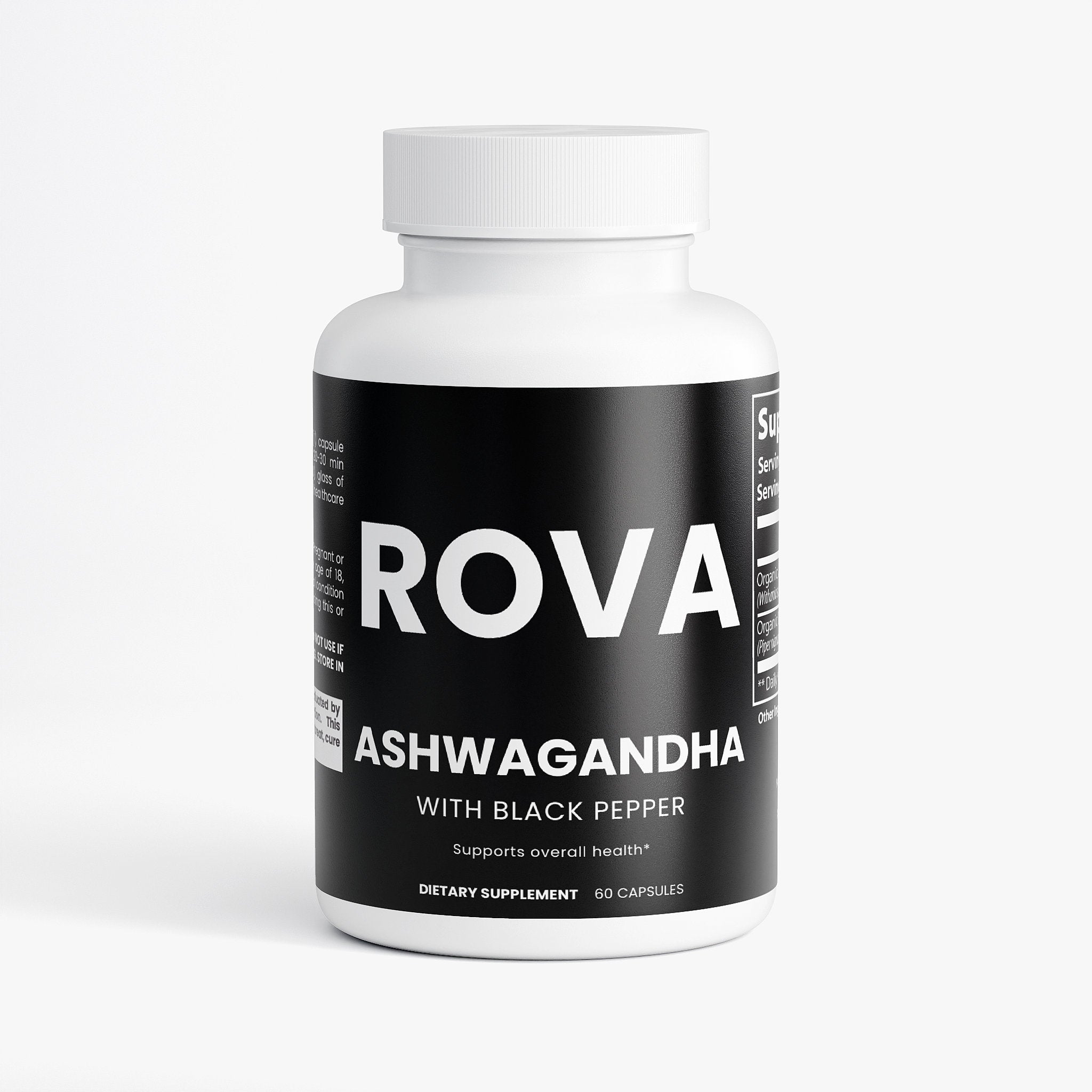Ashwagandha — front of container on white background, dietary supplement label visible