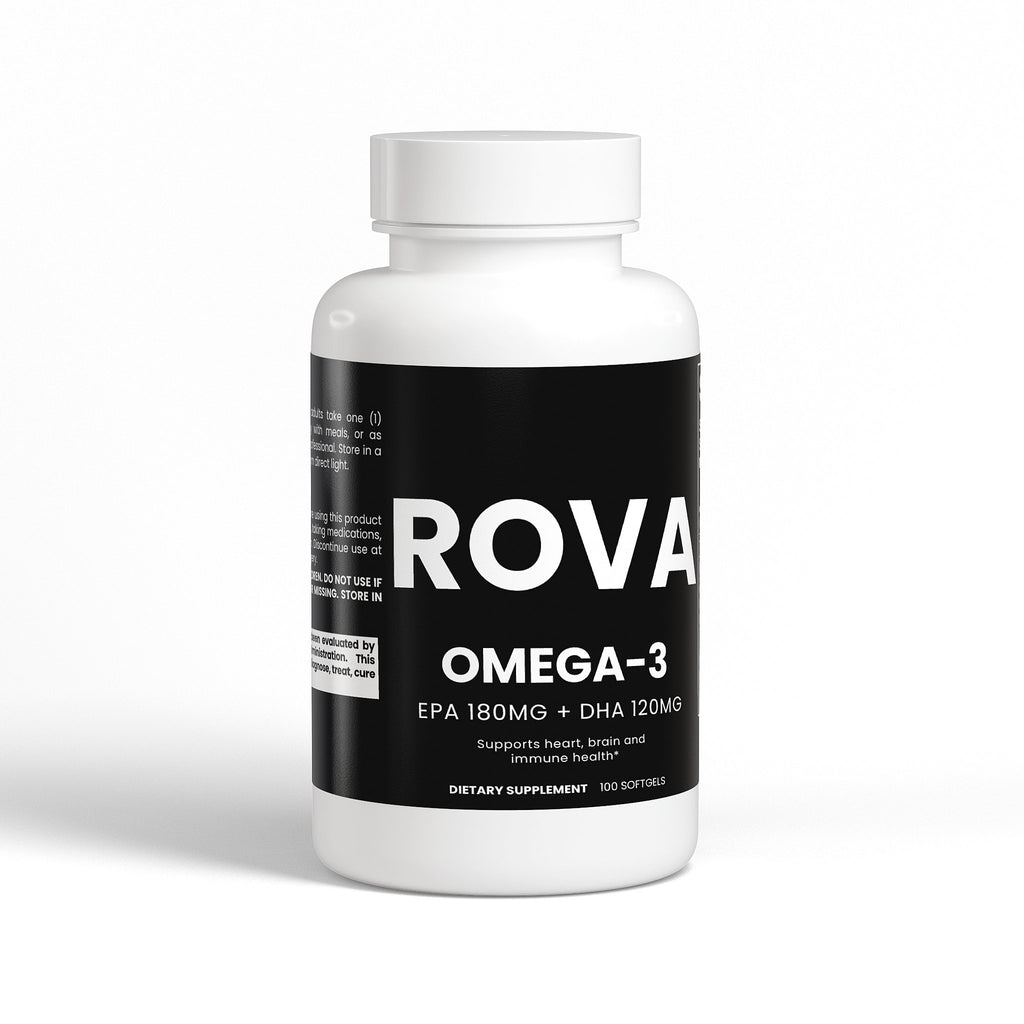 ROVA Omega-3 Fish Oil softgels in amber glass bottle, 180mg EPA + 120mg DHA per dose, displayed on clean white background