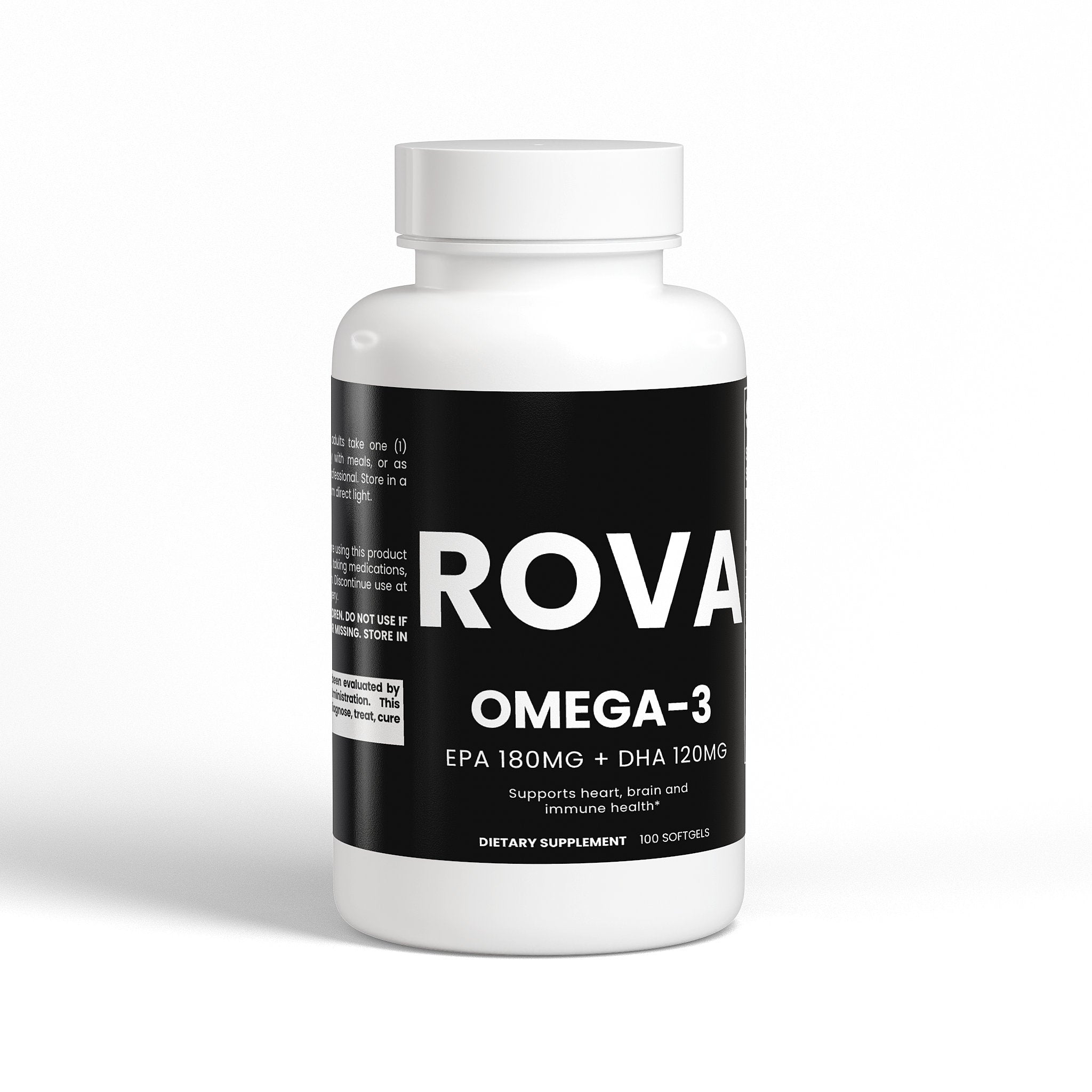 ROVA Omega-3 Fish Oil softgels in amber glass bottle, 180mg EPA + 120mg DHA per dose, displayed on clean white background