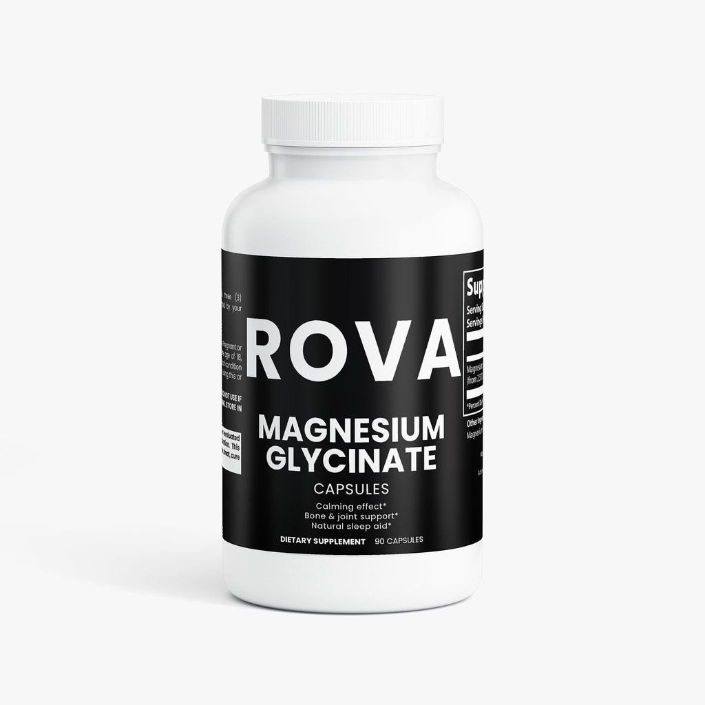 ROVA Magnesium Glycinate capsule bottle on wooden surface with morning light, promoting better sleep and athletic recovery
