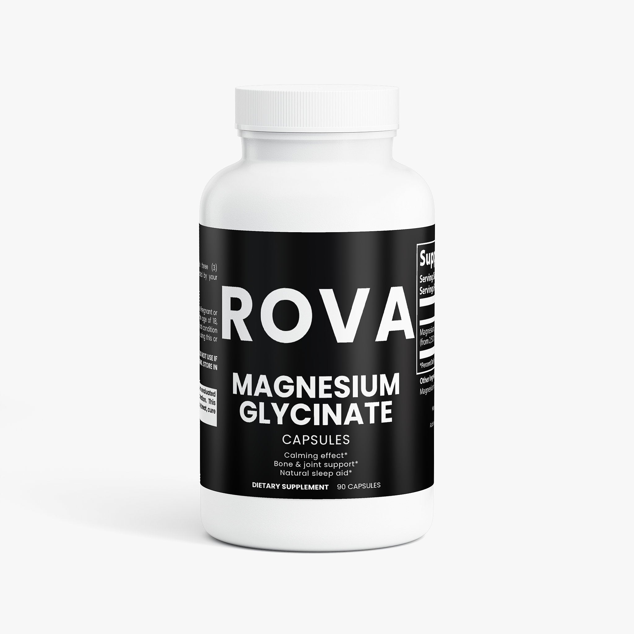 ROVA Magnesium Glycinate capsule bottle on wooden surface with morning light, promoting better sleep and athletic recovery