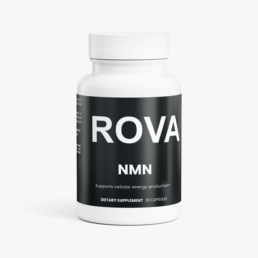ROVA NMN NAD+ booster supplement capsules in white bottle, designed to support cellular energy and recovery for serious athletes