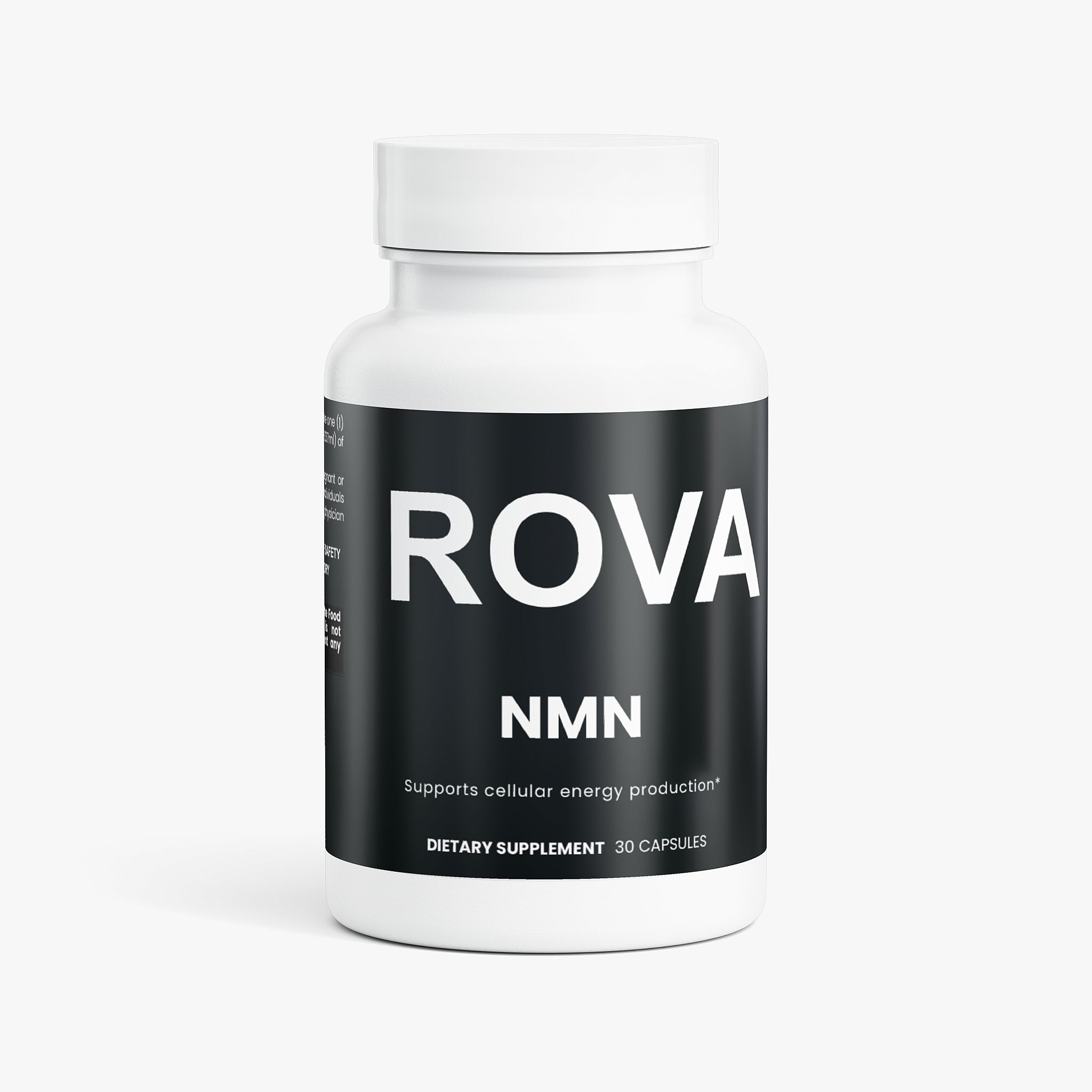 ROVA NMN NAD+ booster supplement capsules in white bottle, designed to support cellular energy and recovery for serious athletes
