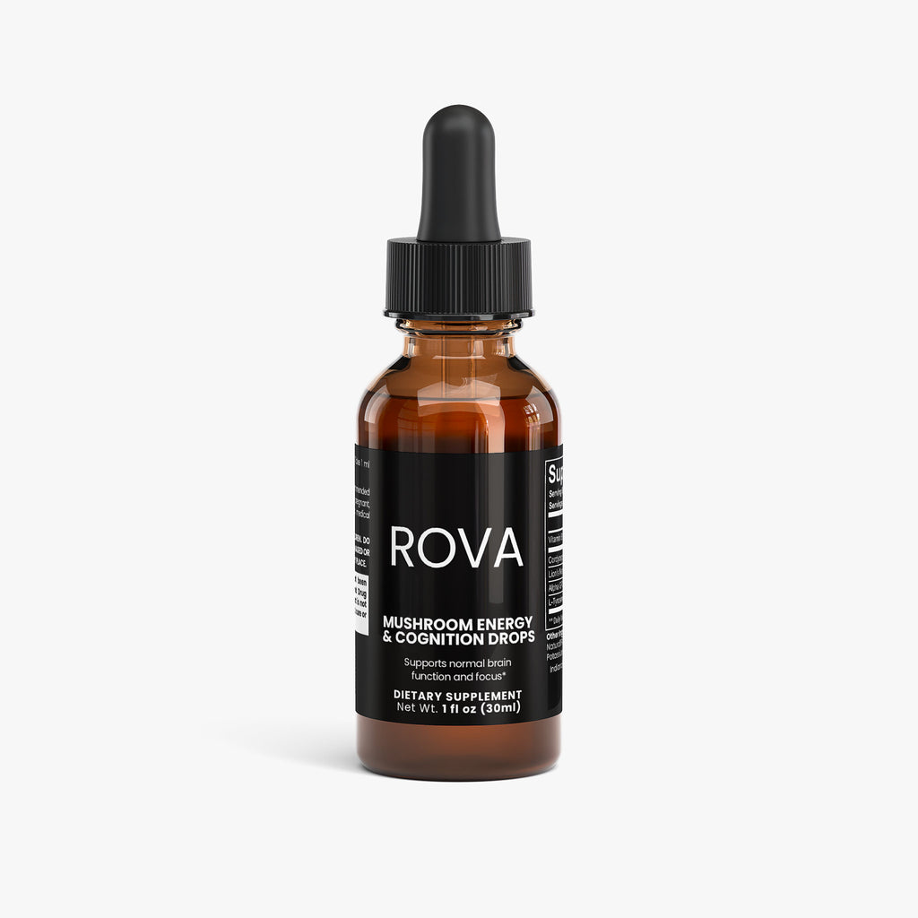 ROVA Mushroom Energy & Cognition Drops bottle with cordyceps and lion's mane extracts to support sustained energy and mental focus