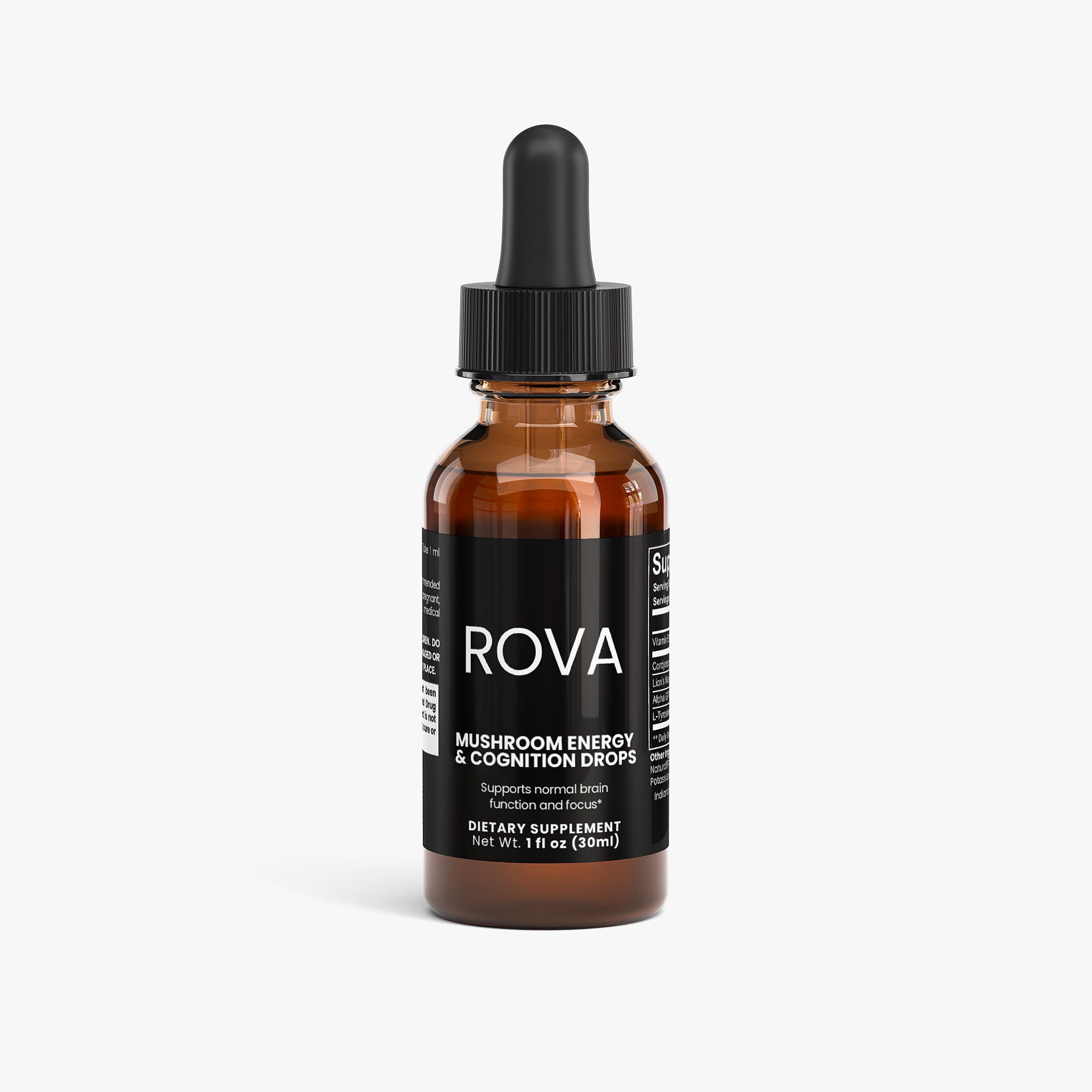 ROVA Mushroom Energy & Cognition Drops bottle with cordyceps and lion's mane extracts to support sustained energy and mental focus