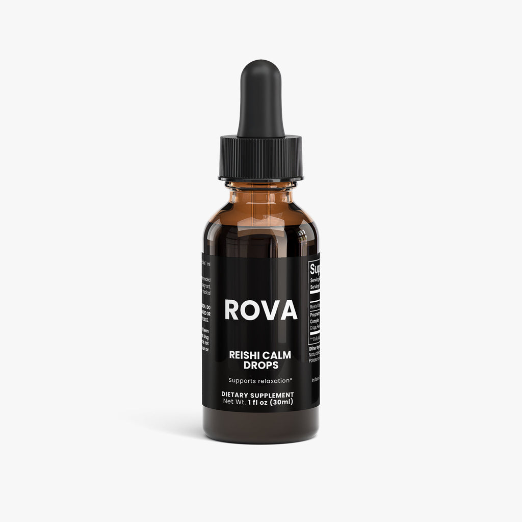 Reishi Calm Drops tincture bottle with dropper, displayed with reishi mushroom, supporting relaxation and restful sleep