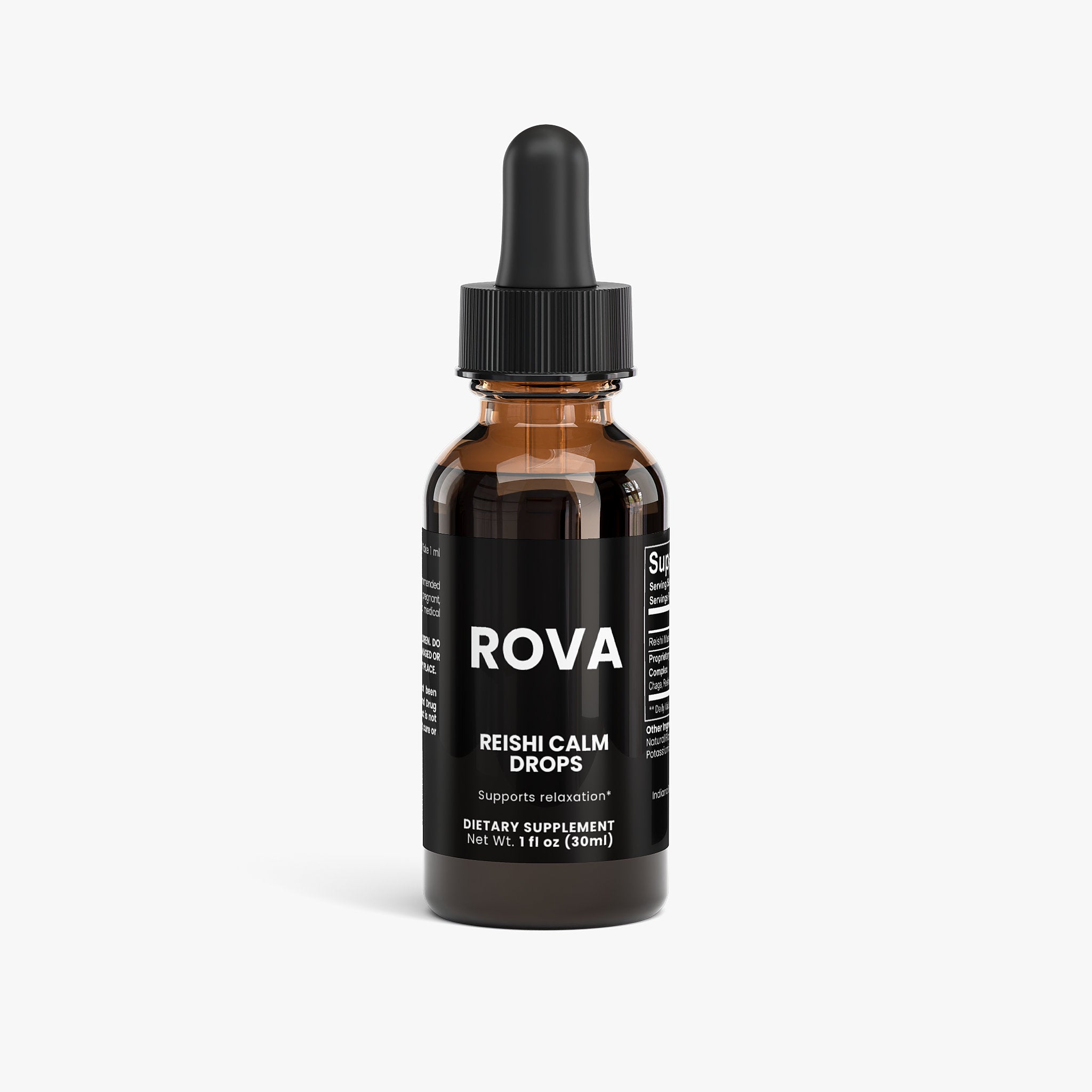 Reishi Calm Drops tincture bottle with dropper, displayed with reishi mushroom, supporting relaxation and restful sleep