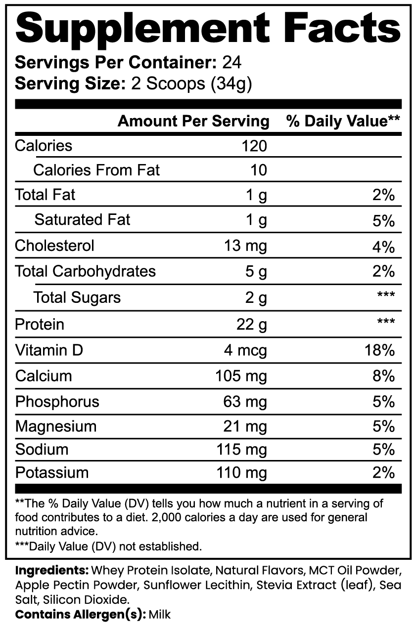 Advanced 100% Whey Protein Isolate (Vanilla) — Supplement Facts panel close-up showing ingredients and serving information
