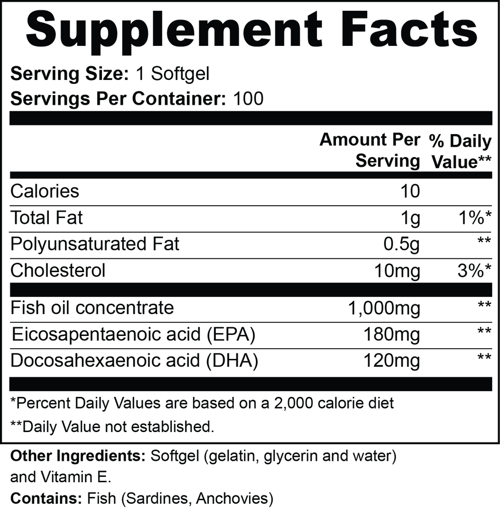 Omega-3 EPA 180mg + DHA 120mg — Supplement Facts panel close-up showing ingredients and serving information