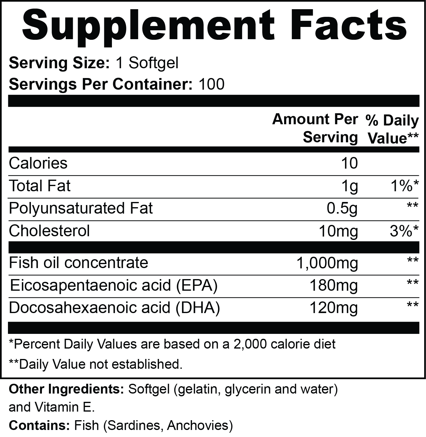 Omega-3 EPA 180mg + DHA 120mg — Supplement Facts panel close-up showing ingredients and serving information