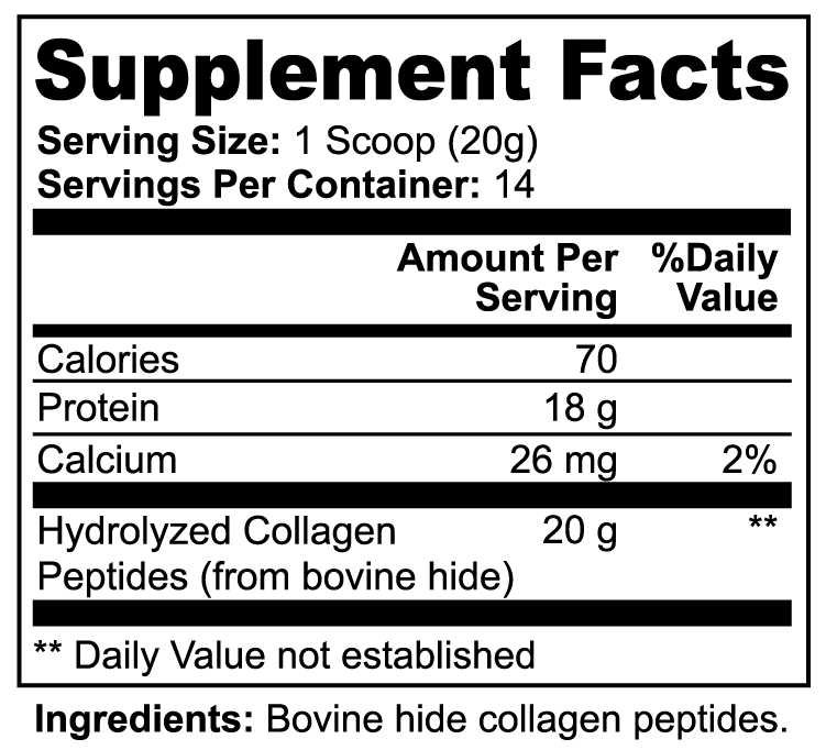 Grass-Fed Hydrolyzed Collagen Peptides — Supplement Facts panel close-up showing ingredients and serving information