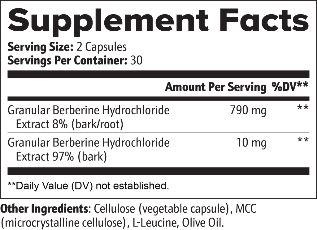 Berberine — Supplement Facts panel close-up showing ingredients and serving information