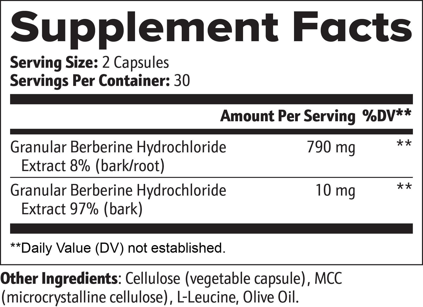 Berberine — Supplement Facts panel close-up showing ingredients and serving information