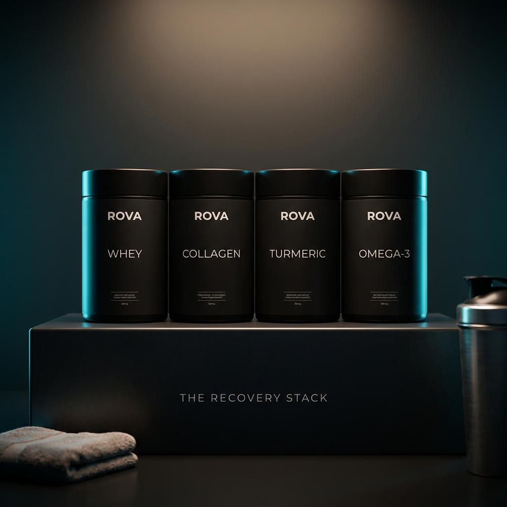 ROVA Recovery Stack four-bottle system displayed with product labels visible, designed to support muscle repair and training recovery