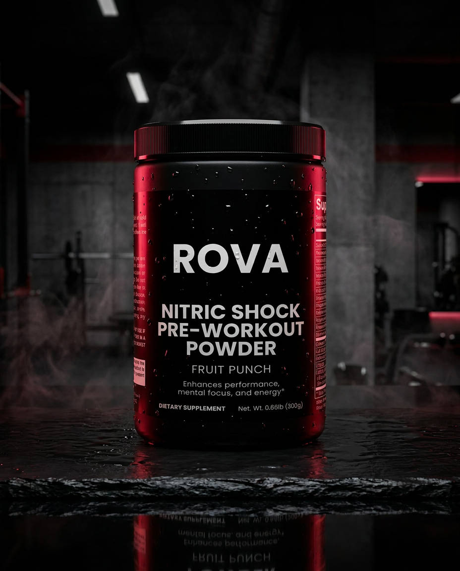 ROVA Nitric Shock Pre-Workout - dark cinematic hero
