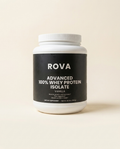 ROVA Advanced Whey Protein Isolate vanilla powder in clear container, displayed with a shaker bottle on white background
