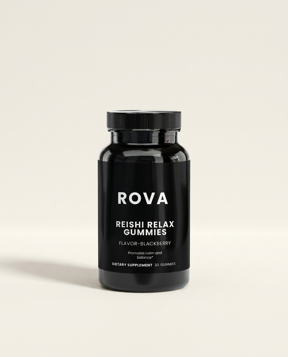 Bottle of ROVA Reishi Relax Gummies with reishi mushroom and magnesium blend for sleep and relaxation support