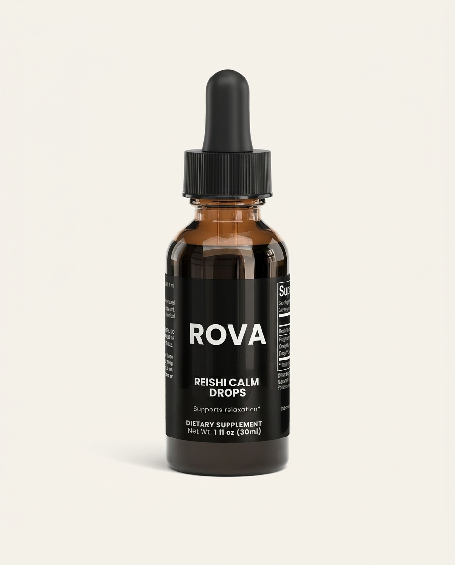 ROVA Reishi Calm Drops bottle with dropper, displayed on white background—supports natural sleep and recovery without stimulants