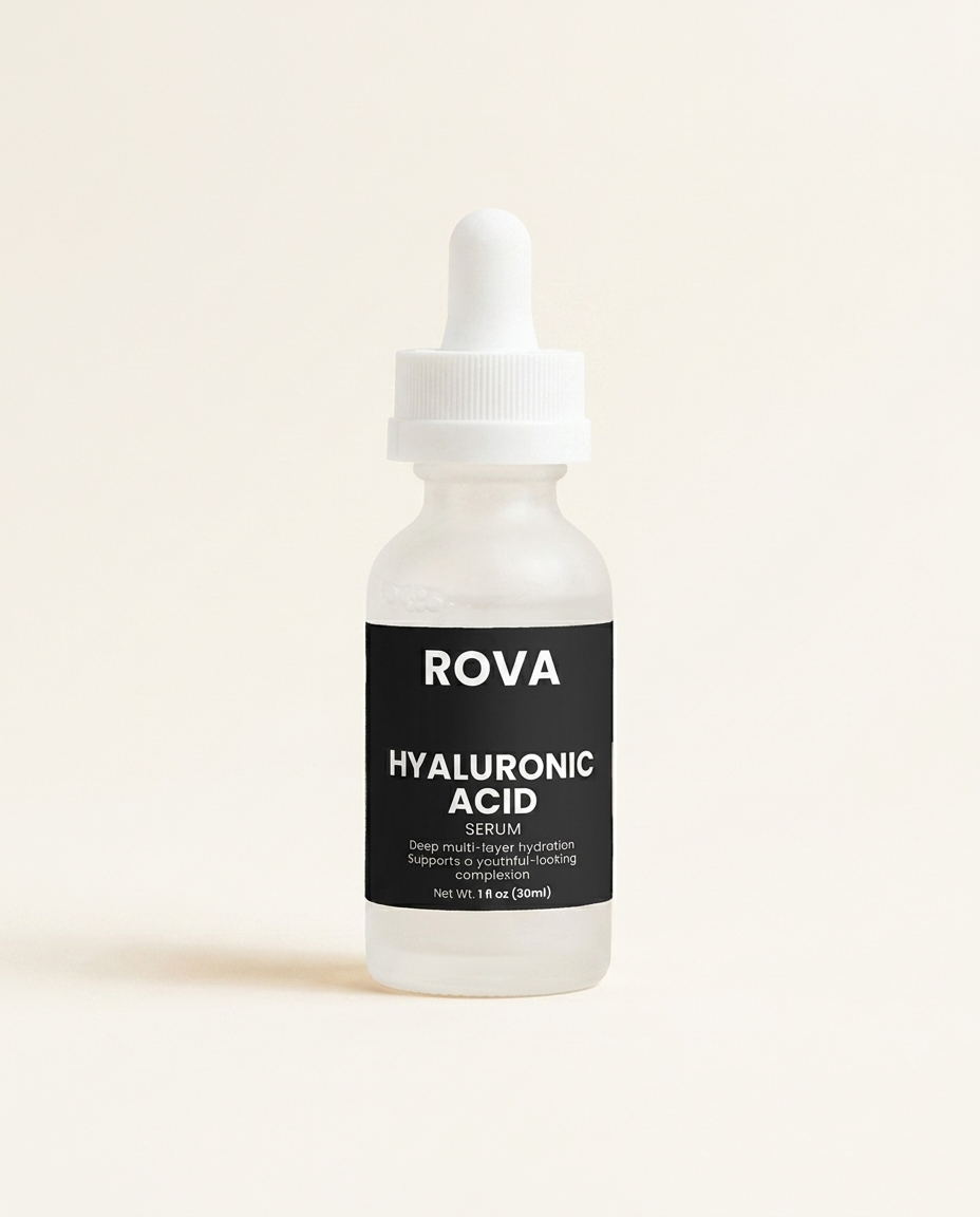 Hyaluronic acid serum bottle with dropper on neutral background, showing clear gel formula for daily facial hydration