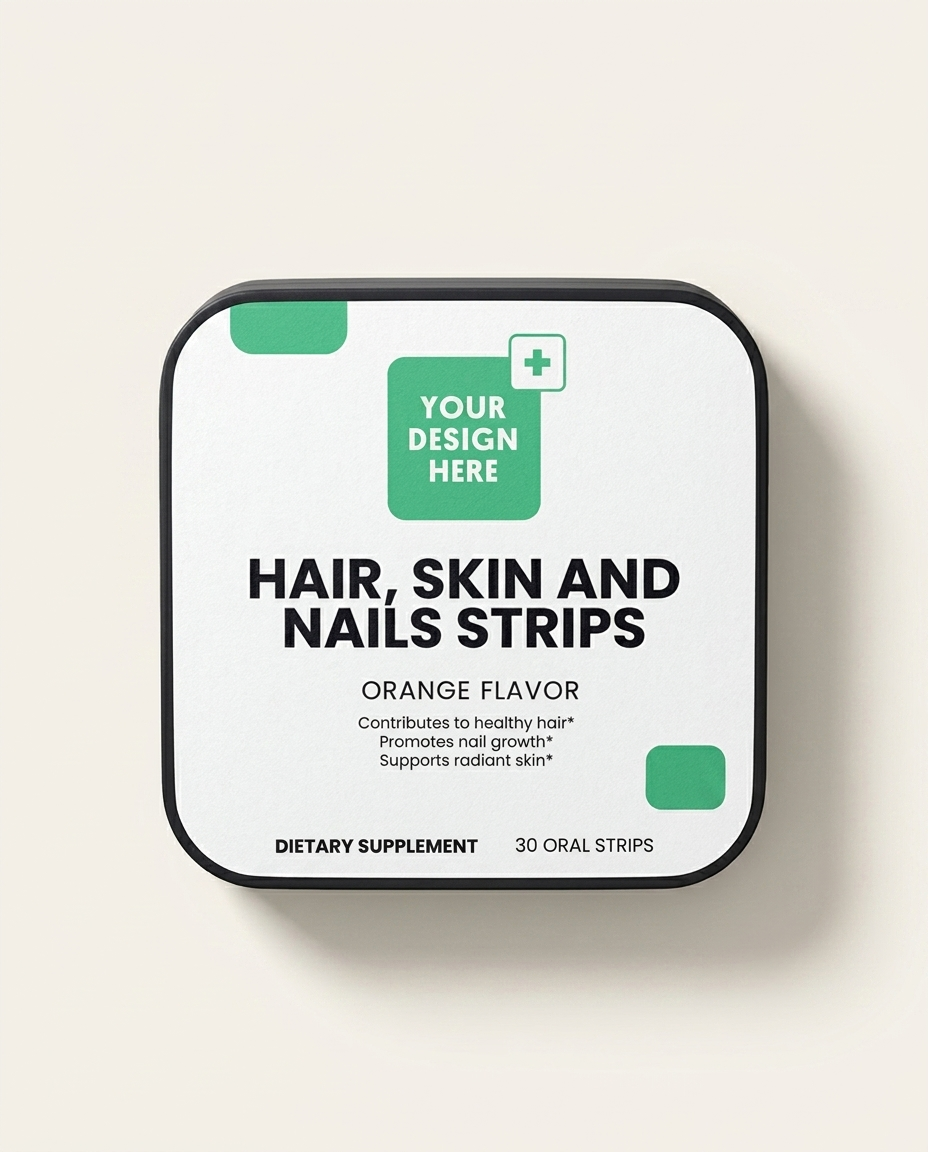 ROVA Hair, Skin & Nails dissolving strip on tongue, showing product packaging and daily supplement ritual