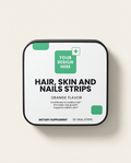 ROVA Hair, Skin & Nails dissolving strip on tongue, showing product packaging and daily supplement ritual